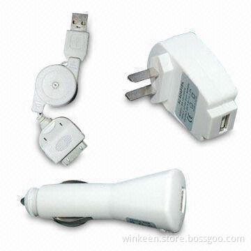 3-in-1 Travel Charger Kit for Smart Phones, Apple's iPod, iPhone and Other Digital Devices